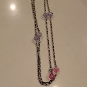 26in  Silver Necklace with Pink and Purple Accents